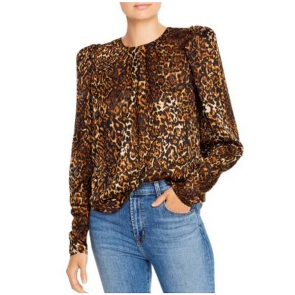 RONNY KOBO Chiara Leopard Burnout Puff Long Sleeve Top Small Black Tan Blouse - Picture 1 of 9